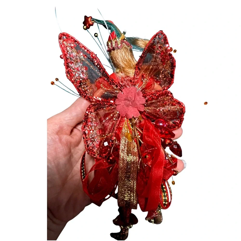 Fairy Pixie Doll Red Gold‎ Beaded Glitter Wings Hanging Christmas Ornament